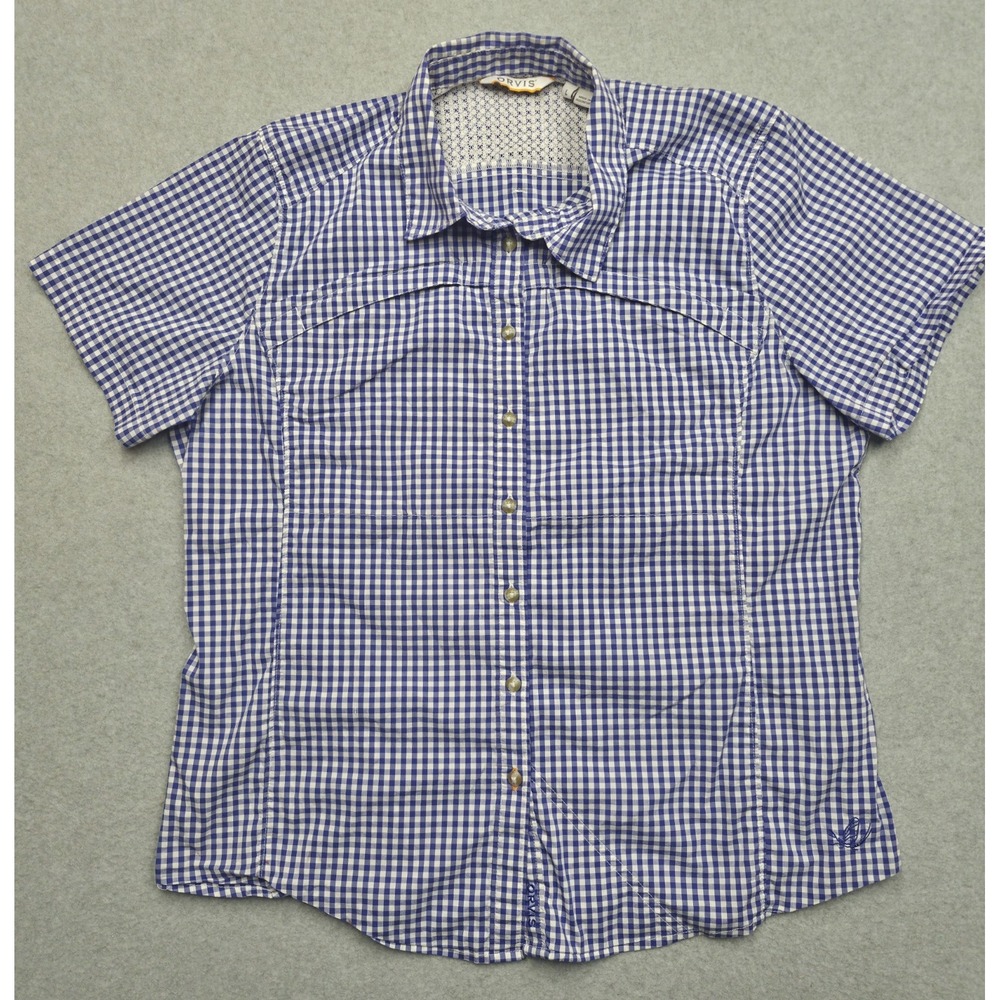 Orvis Shirt Womens L Blue Gingham Check Vented Short Sleeve Button Up Cotton